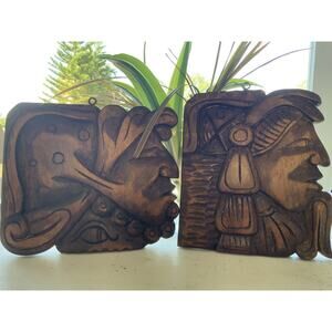 set of 2 vintage Croatia folk art wood warrior carvings Handmade 10 x 9 in.